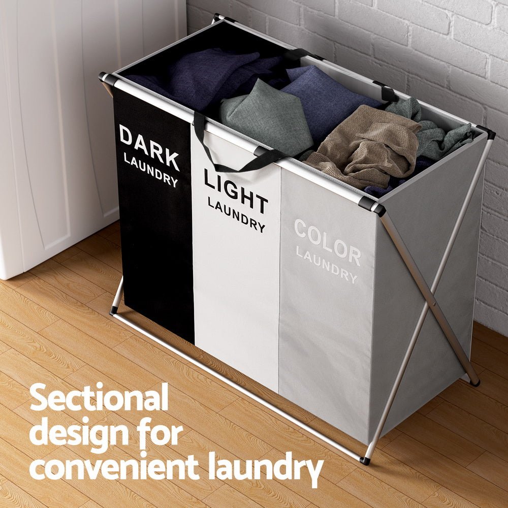 3 - Section Foldable Laundry Basket with Aluminium Frame – Large Capacity Laundry Hamper - Direct On Sale