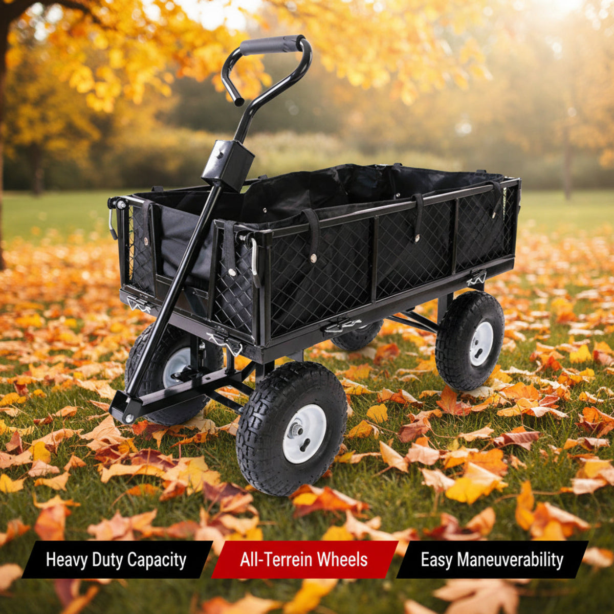 Black garden cart with large wheels on a white background