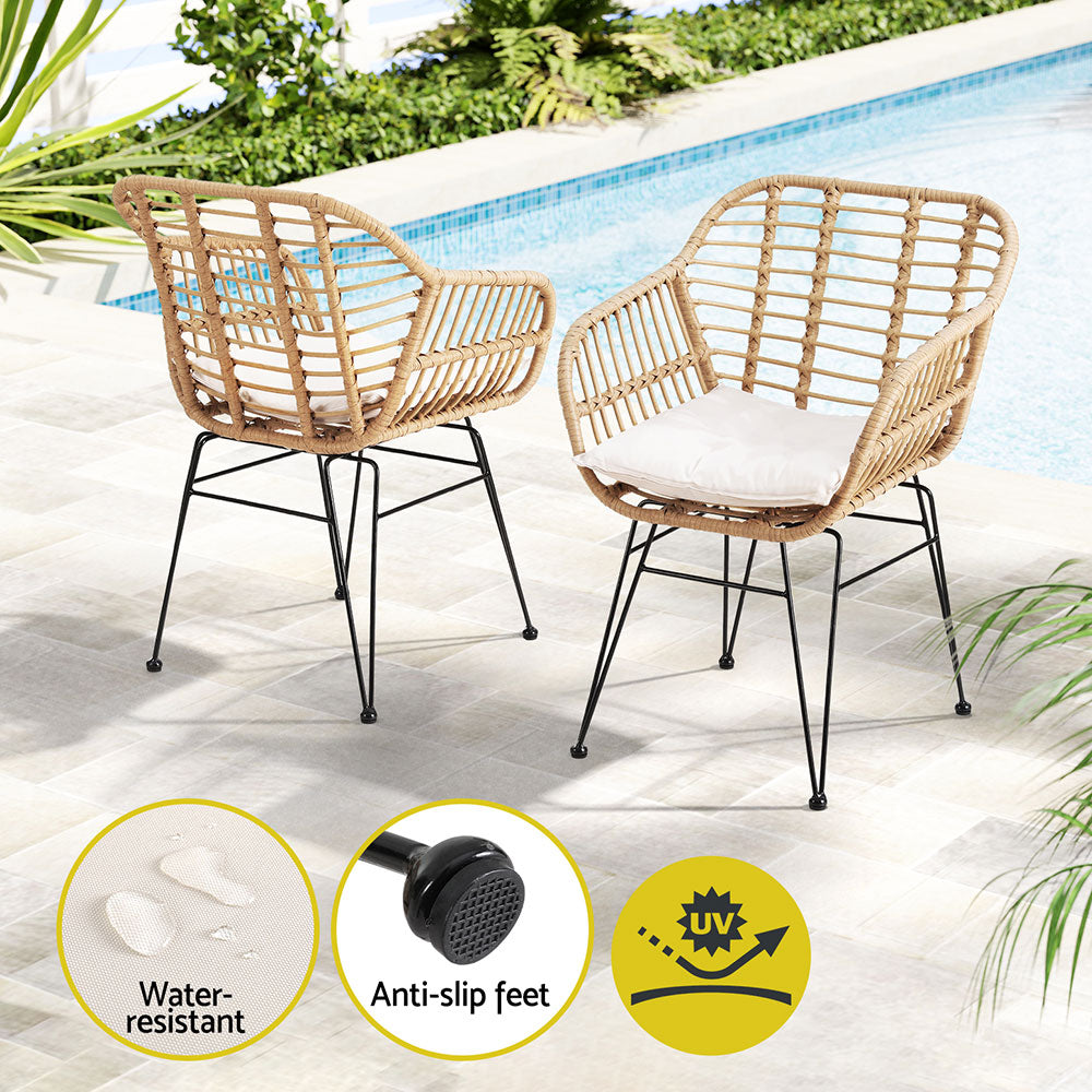 Two wicker chairs with cushions on a patio near a pool, featuring water-resistant, anti-slip feet, and UV protection icons.