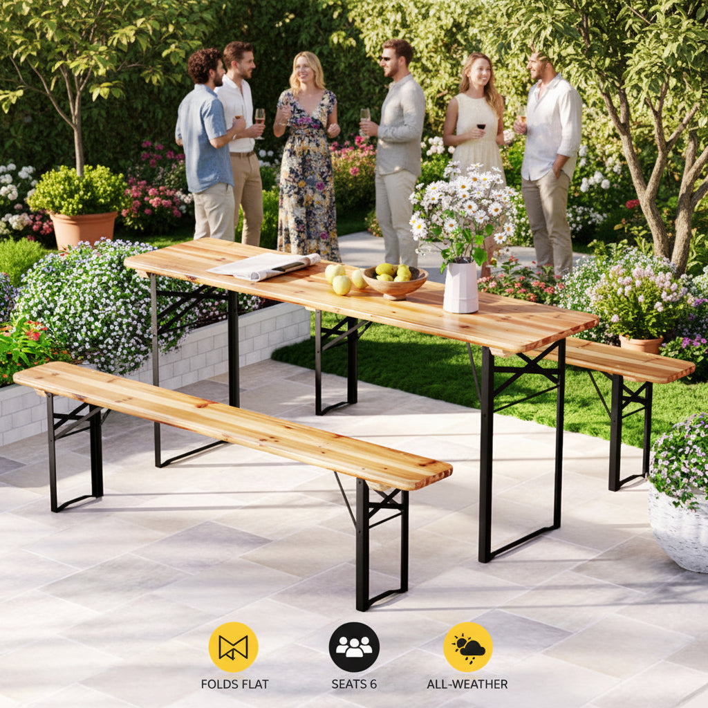 Outdoor patio set with wooden table and benches on a patio.