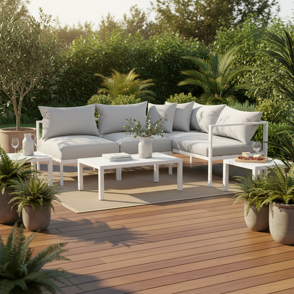 4-seater outdoor aluminium sofa set with white frame and grey cushions