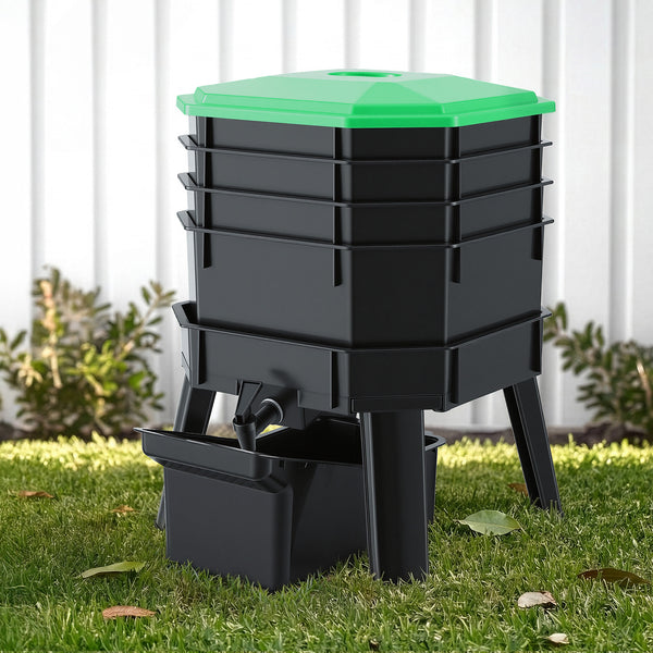 4-tray stackable worm farm composter in black and green with liquid fertiliser tap