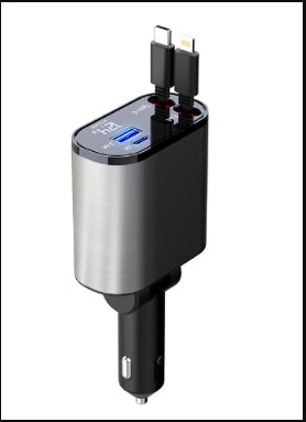 Car charger dual retractable cables close-up