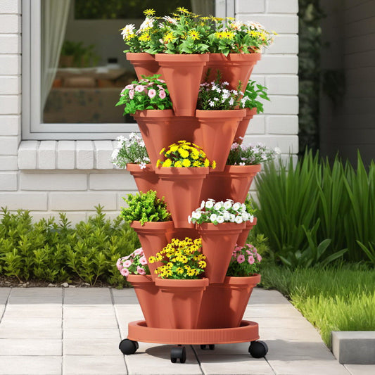 5-Pot Stackable Planter Raised Garden Bed Vertical Garden Brick Red Strawberry Stackable Planters Herbs Petunias