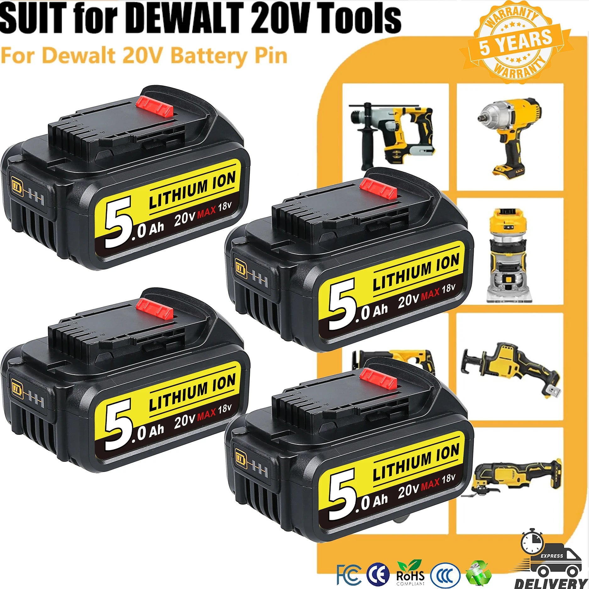 5.0Ah High Capacity Replacement Batteries for DeWalt 20V Battery Pin DCB203 DCB204 DCB205 DCB206 for 20Volt Cordless Power Tools
