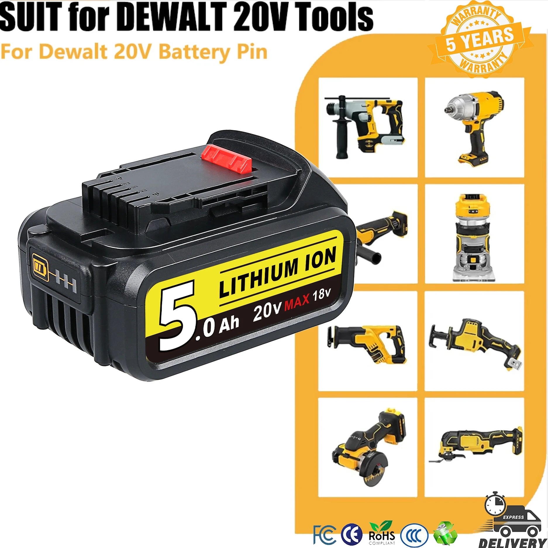 5.0Ah High Capacity Replacement Batteries for DeWalt 20V Battery Pin DCB203 DCB204 DCB205 DCB206 for 20Volt Cordless Power Tools1