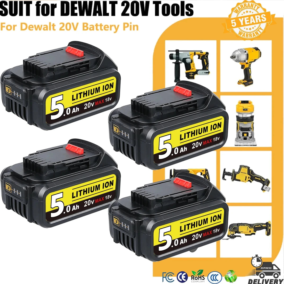 5.0Ah High Capacity Replacement Batteries for DeWalt 20V Battery Pin DCB203 DCB204 DCB205 DCB206 for 20Volt Cordless Power Tools - Direct On Sale