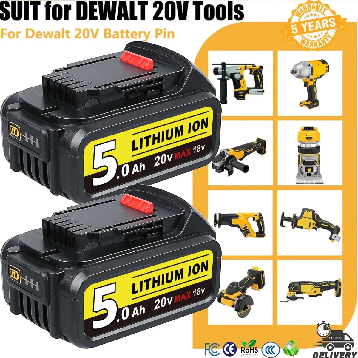 5.0Ah High Capacity Replacement Batteries for DeWalt 20V Battery Pin DCB203 DCB204 DCB205 DCB206 for 20Volt Cordless Power Tools - Direct On Sale