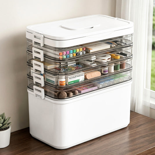 Stackable storage bins with various items on a wooden floor.