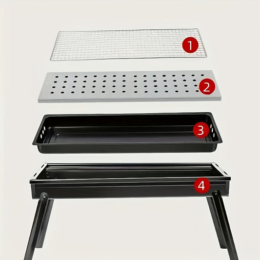 Foldable outdoor grill set up for a backyard barbecue