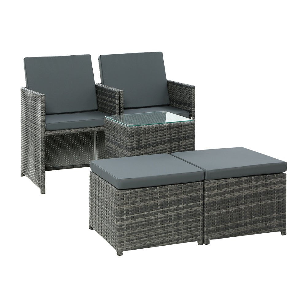 5PC Bistro Set Wicker Table and Chairs Ottoman Outdoor Furniture Grey - Direct On Sale