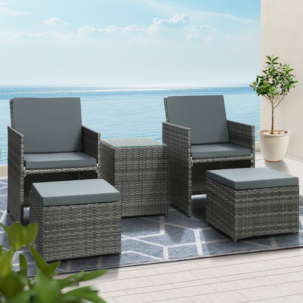 5PC Bistro Set Wicker Table and Chairs Ottoman Outdoor Furniture Grey - Direct On Sale