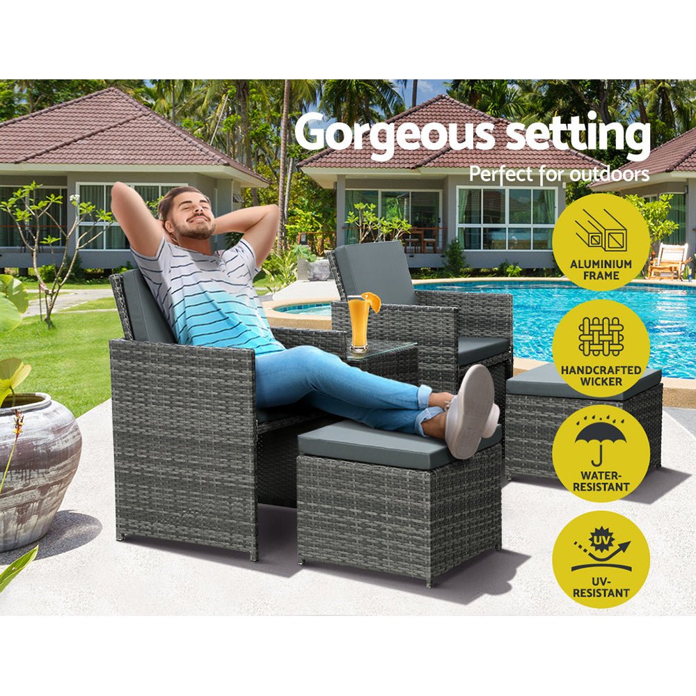 5PC Bistro Set Wicker Table and Chairs Ottoman Outdoor Furniture Grey - Direct On Sale