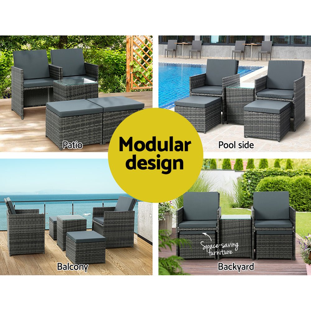 5PC Bistro Set Wicker Table and Chairs Ottoman Outdoor Furniture Grey - Direct On Sale