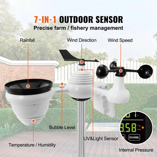 7 - in - 1 Wi - Fi Weather Station 7.5 in Color Display with Solar Outdoor Sensor Alarm Alerts for Temperature Humidity - Direct On Sale