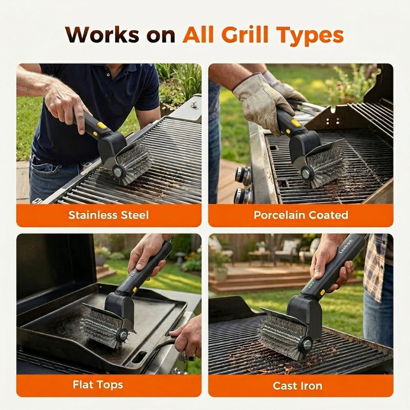 Cleaning baked-on grease from a barbecue with the rotary grill brush