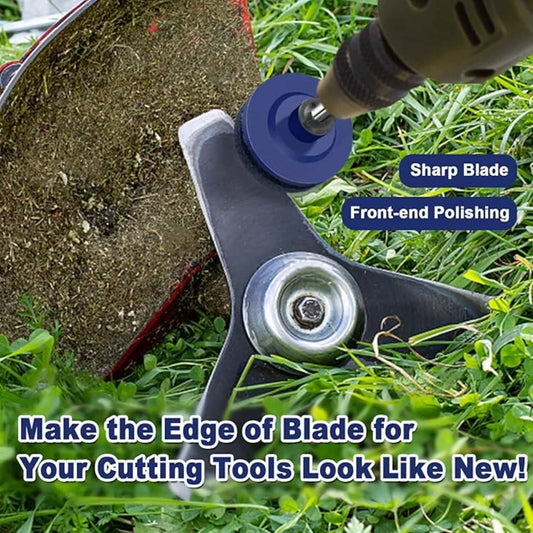 Drill-mounted grinding stone sharpening a mower blade