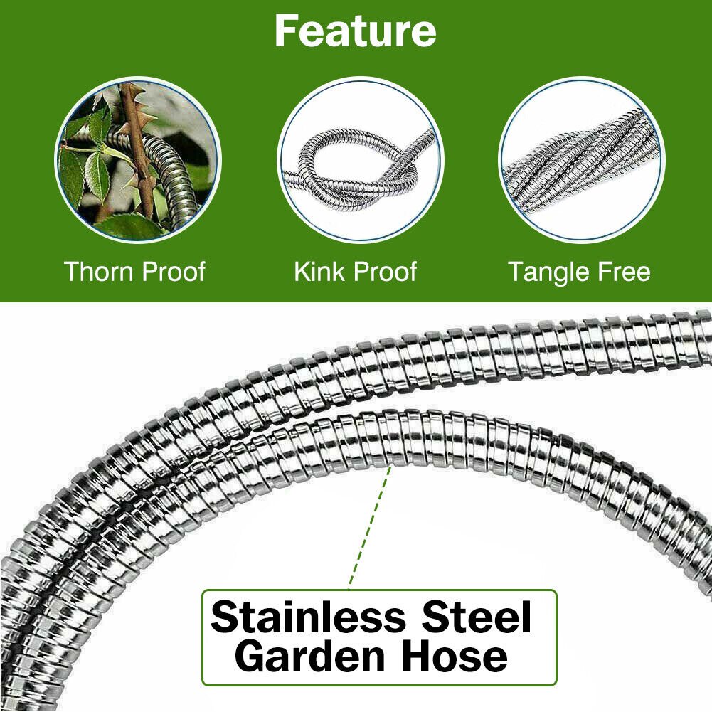 7.5m - 30m Garden Hose Stainless Steel Metal Super Tough & Flexible Water Hose - Direct On Sale