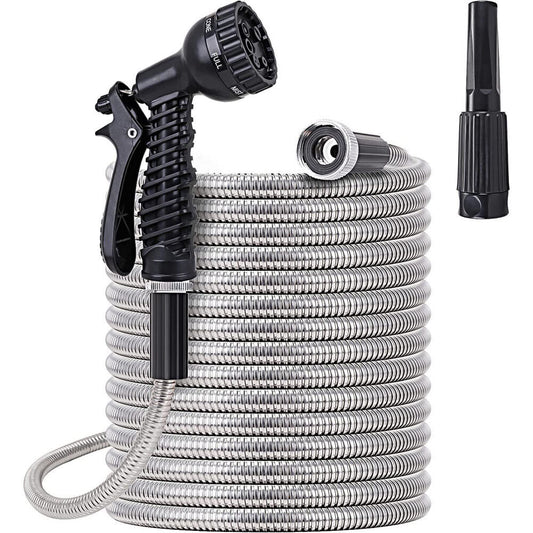 7.5m - 30m Garden Hose Stainless Steel Metal Super Tough & Flexible Water Hose - Direct On Sale