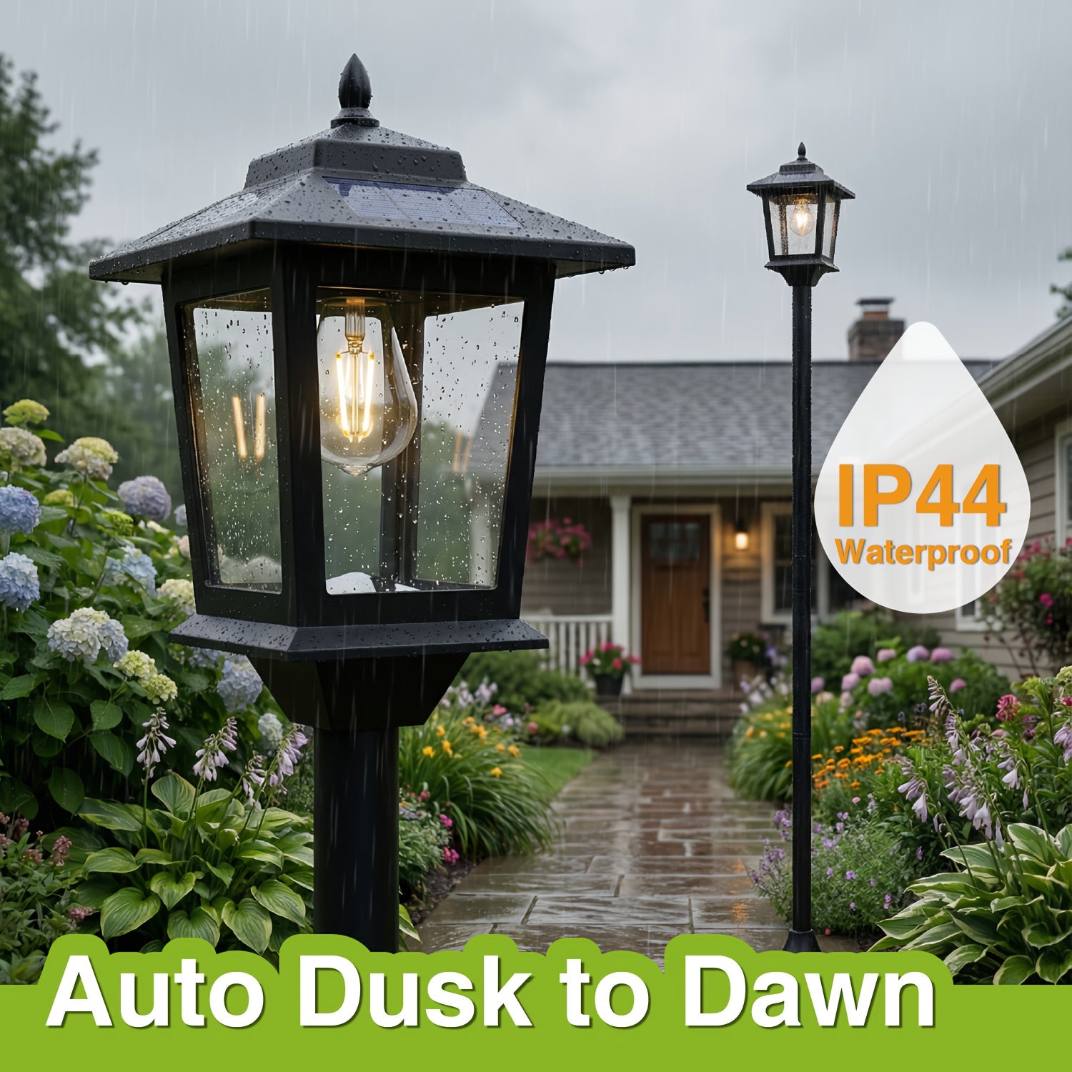 Two solar lamp posts in a garden bed