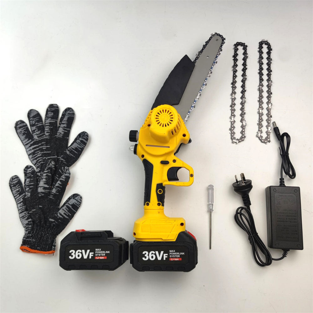 Mini cordless electric chainsaw with yellow and black color scheme, including two chains, two batteries, a quick charge adapter, a screwdriver, and a pair of gloves.