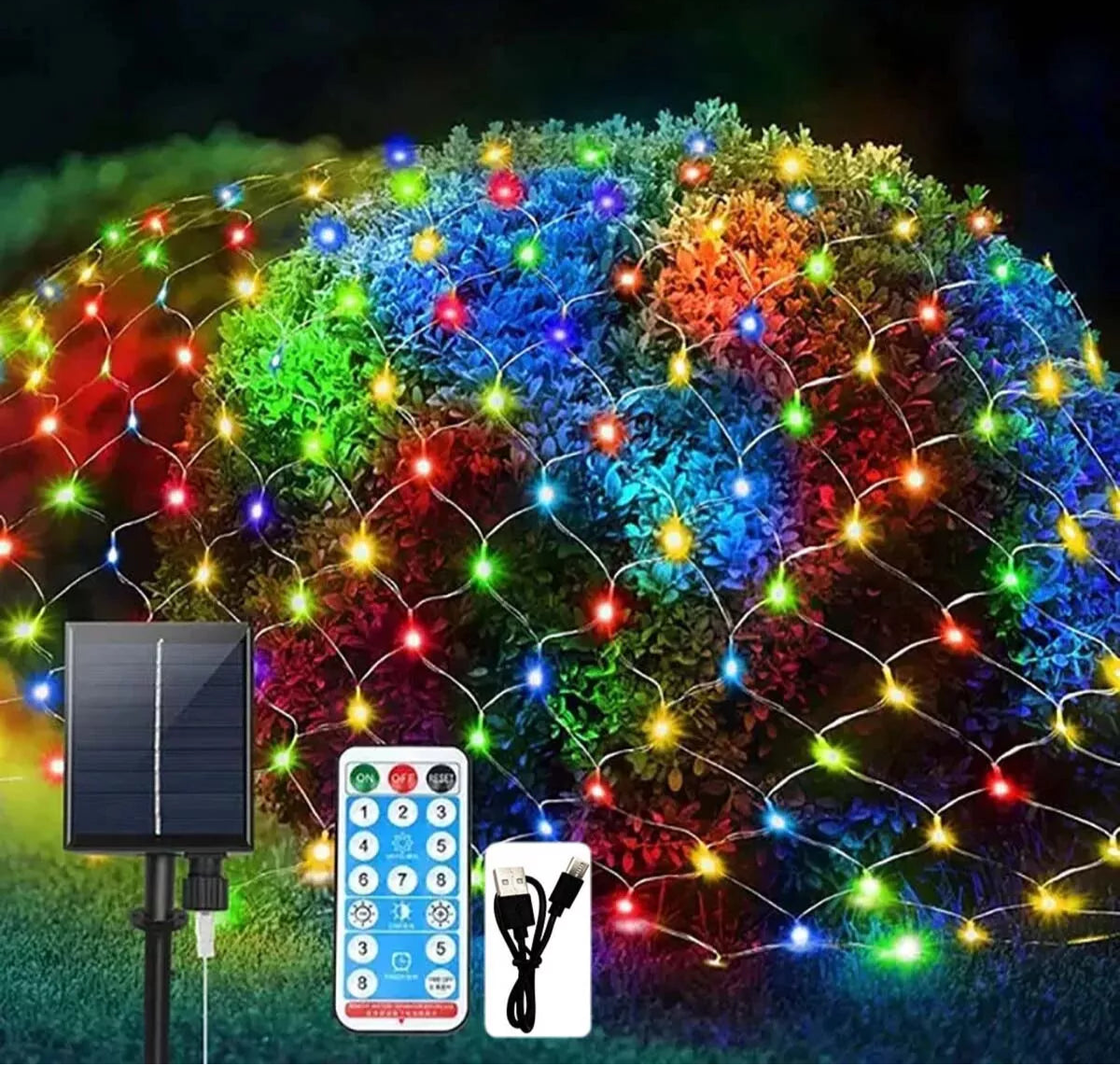 Solar LED net fairy lights on a garden bush