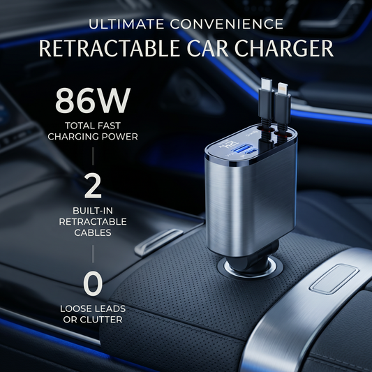 Retractable car charger with 86W total fast charging power on a car dashboard.