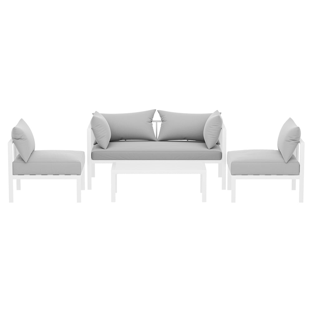 Aluminium outdoor sofa with thick grey UV-resistant cushions
