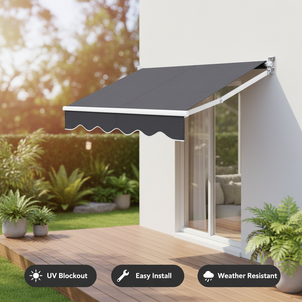 A dark gray retractable patio awning mounted on a white sliding glass door of a modern house, set on a wooden deck with a lush green garden background. Three black feature badges at the bottom highlight 'UV Blockout', 'Easy Install', and 'Weather Resistant' attributes.