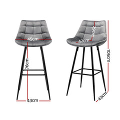 2x Bar Stools Velvet Chairs Grey