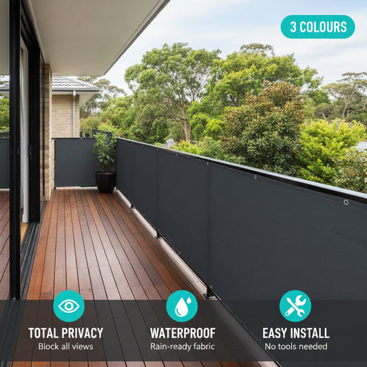 Privacy screen for outdoor use with house background and color swatches.