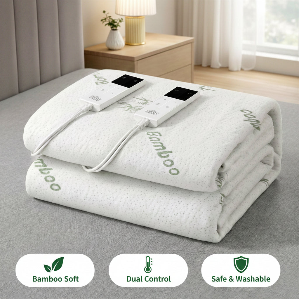 Electric blanket with controller on a bed in a bedroom setting