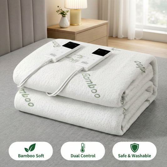 Electric blanket with controller on a bed in a bedroom setting