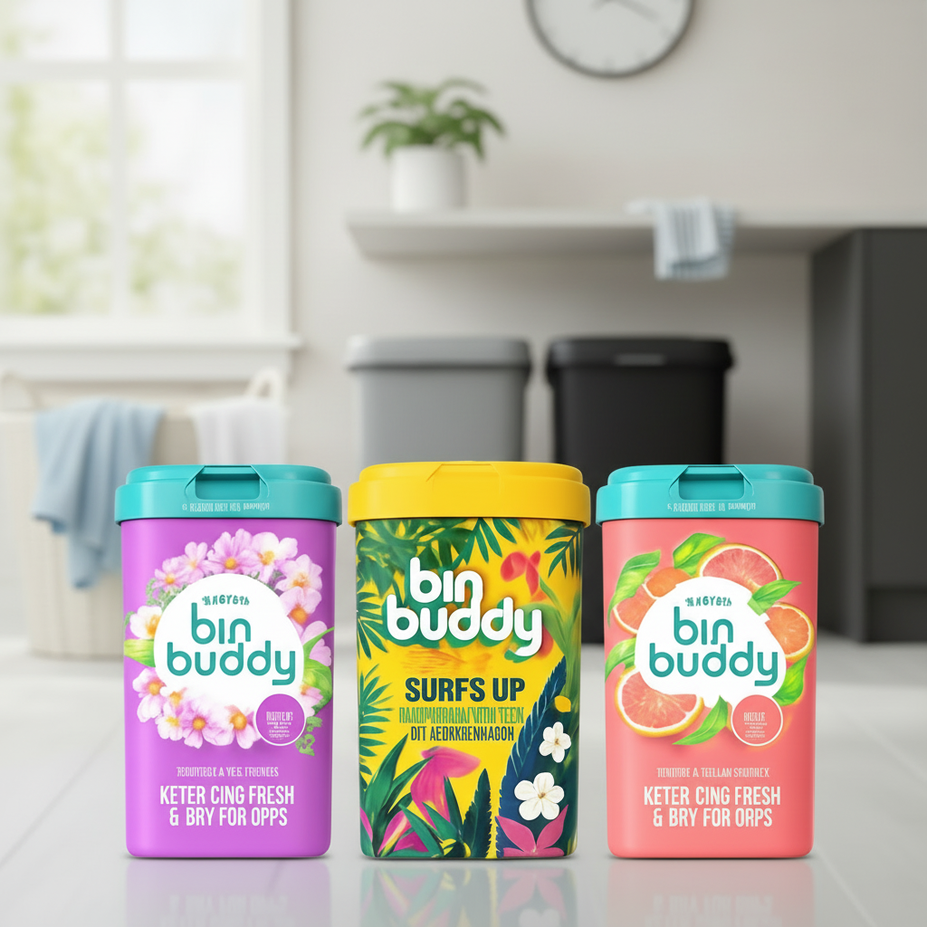 Three colorful 'bin buddy' containers with floral, tropical, and fruit designs on a white background.