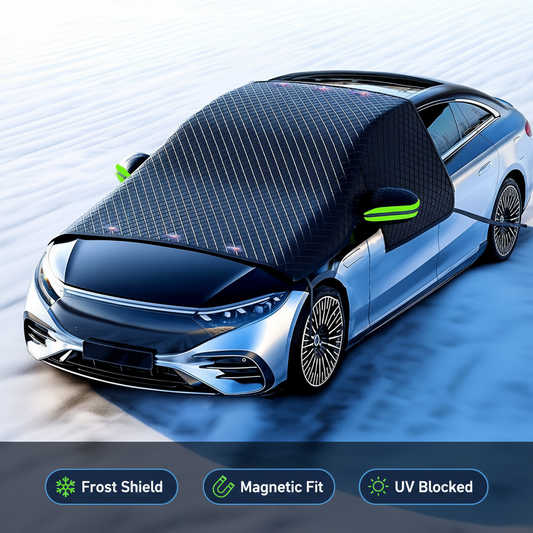 Car with a Frost Shield covering the front, on a blue gradient background.