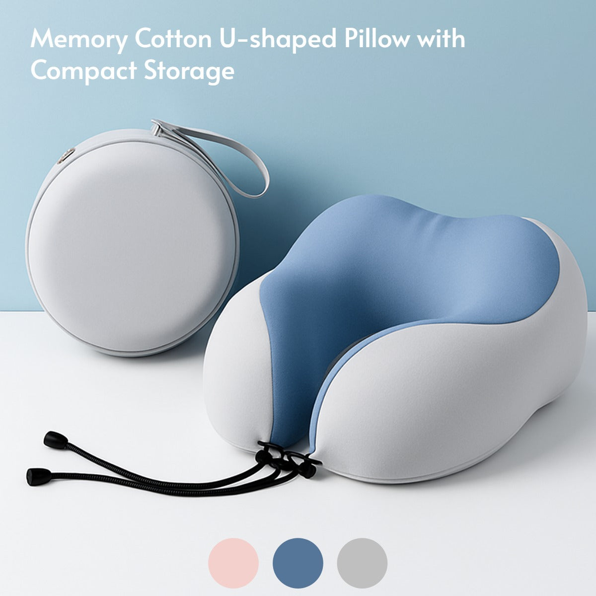 Memory cotton U-shaped pillow with compact storage case on a light blue background