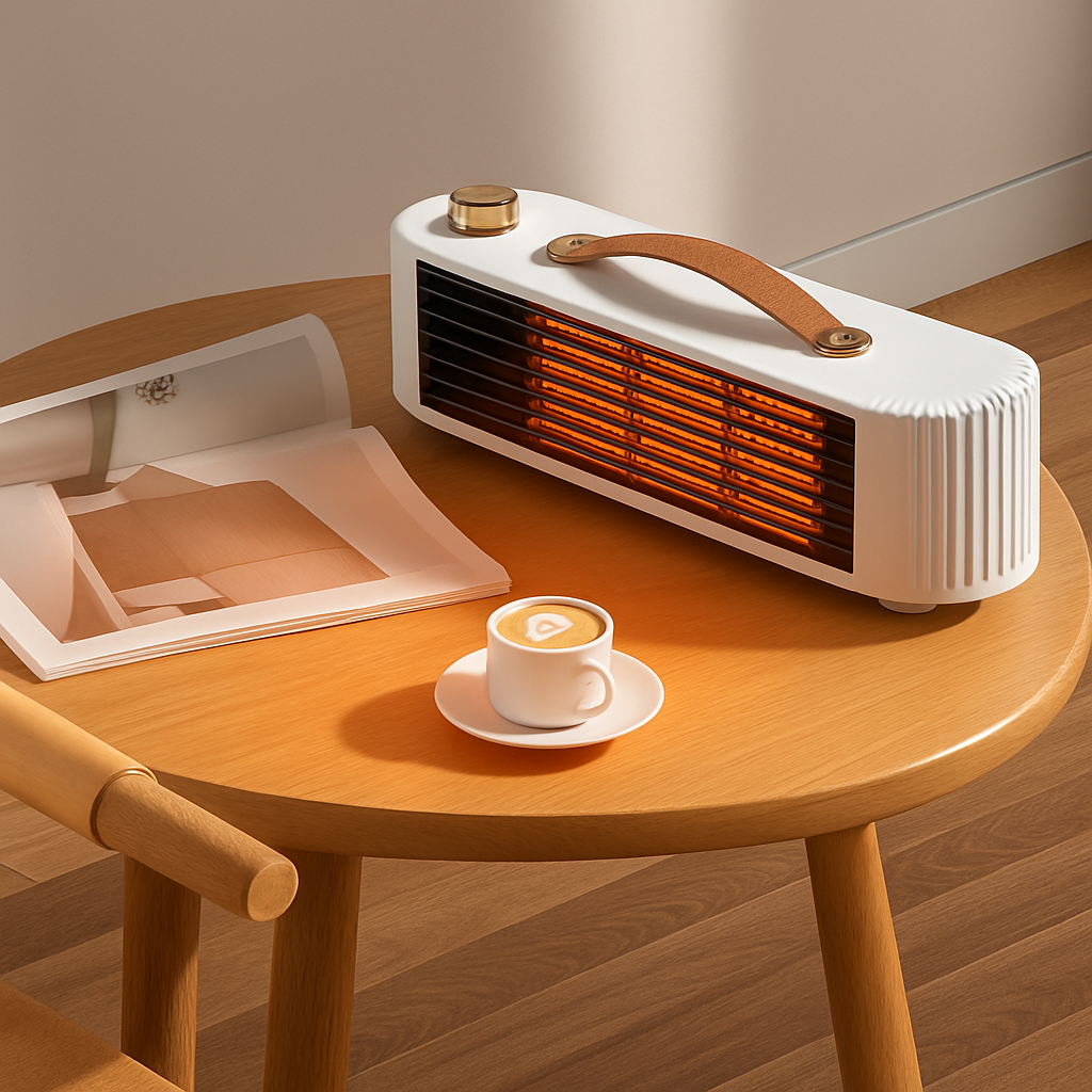 Portable electric heater on a wooden table with a cup of coffee and newspaper.