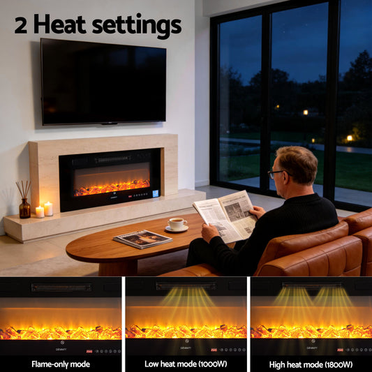 Electric Fireplace Fire Heater Wall Mounted Insert 3D Flame 1800W Remote Control