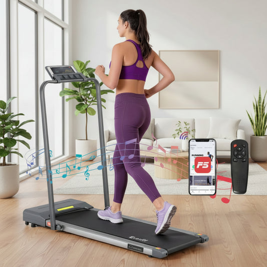 Woman using a treadmill with music and app icons displayed, on a white background