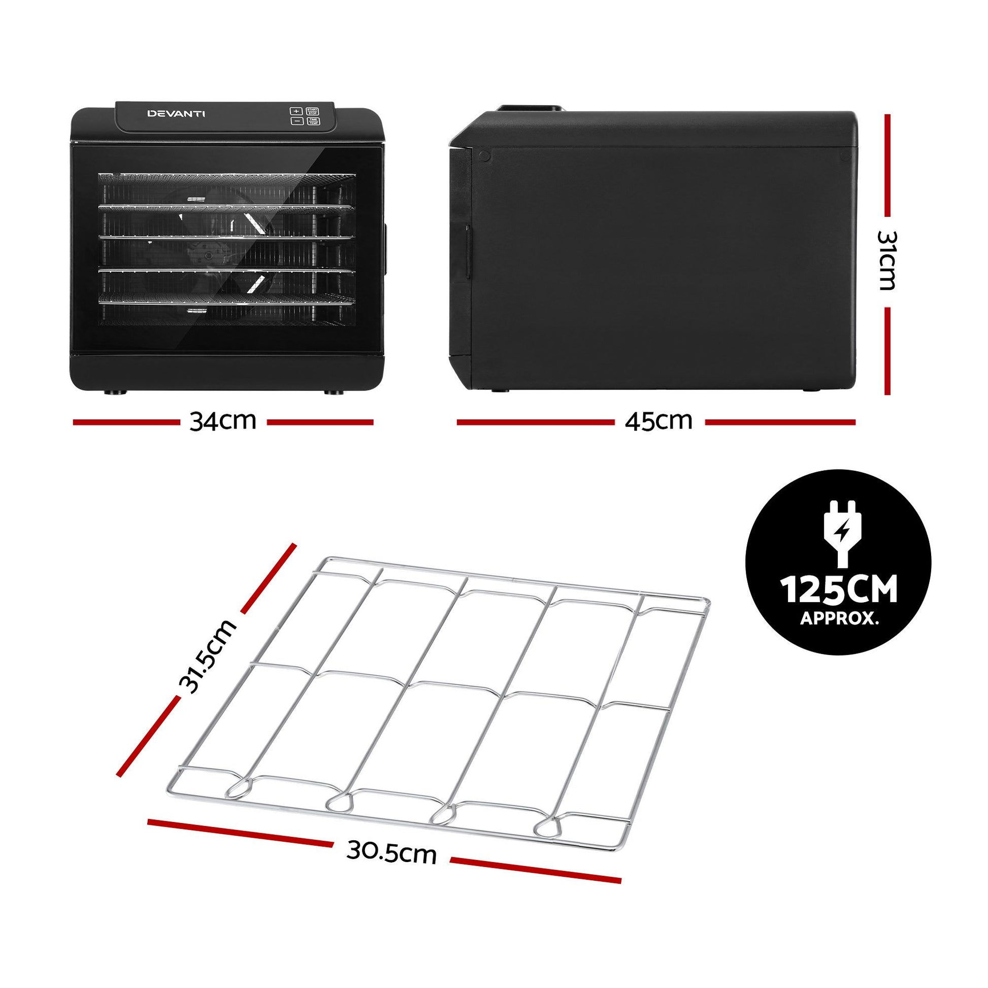 Food dehydrator with six removable 304 stainless steel drying trays