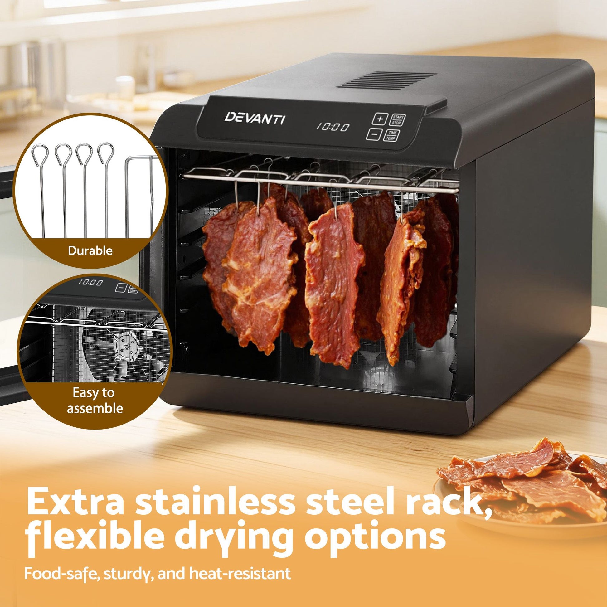 Food dehydrator drying fruit slices on stainless steel trays