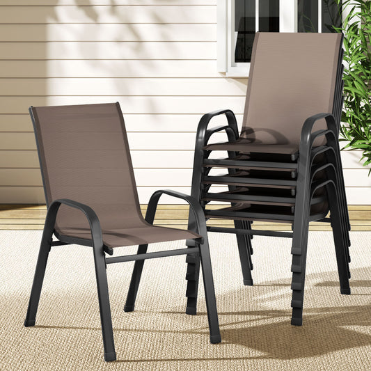 6-piece stackable outdoor dining chairs in brown