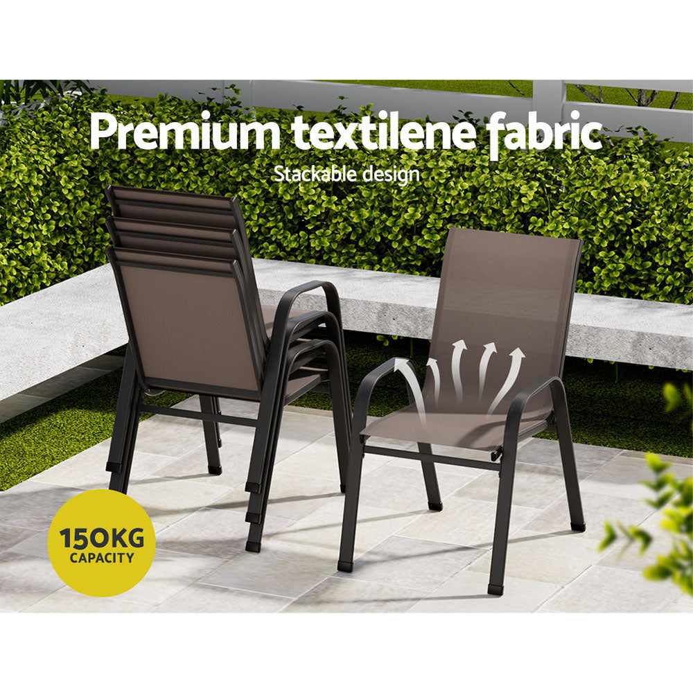 Outdoor dining chairs around a patio table