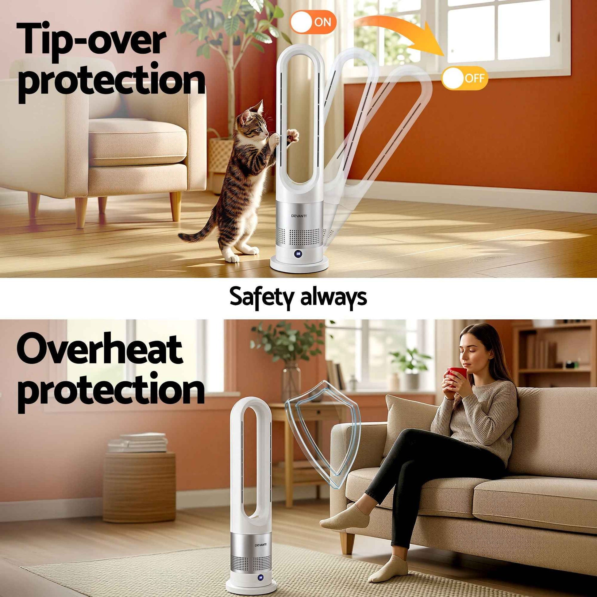 Devanti Bladeless Tower Fan Heater and Cooler 2in1 Portable Oscillation Fan for Bedroom Room Office Use White