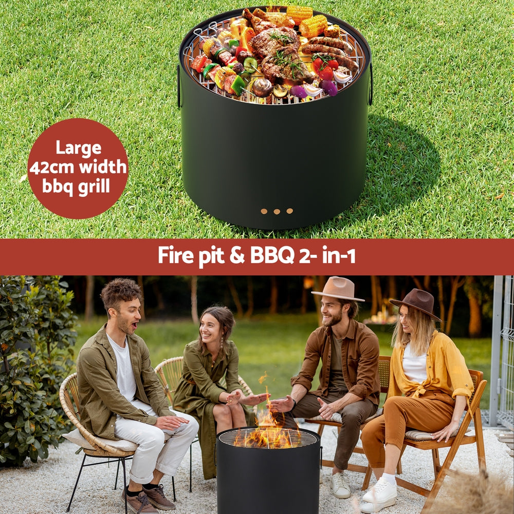 Spark-proof mesh lid on the fire pit