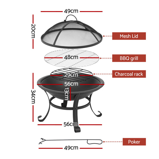 2-in-1 Fire Pit BBQ Grill 56cm | Spark Mesh Lid Steel | 48cm Cooking Grate