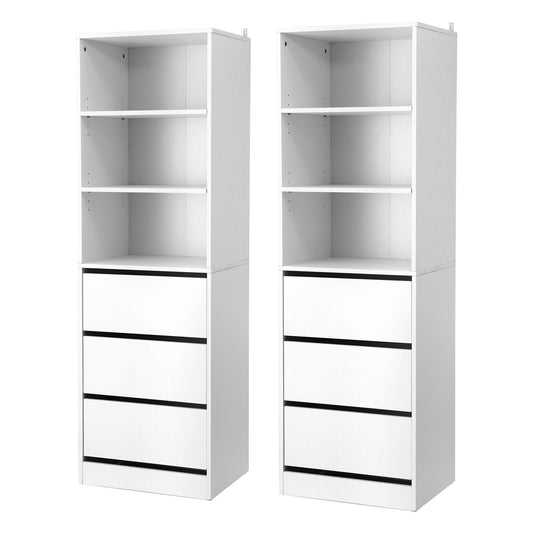 White tallboy chest of drawers shown in a styled bedroom setting