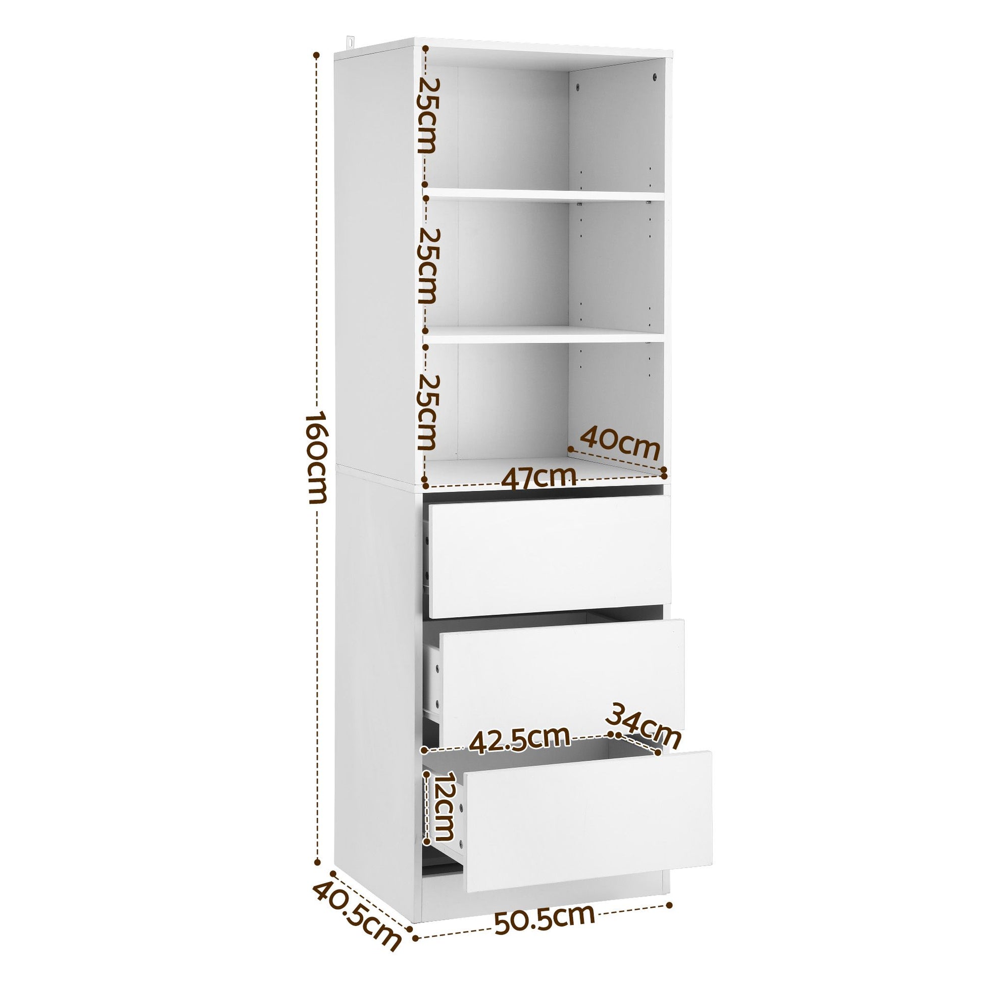 Open drawer of white tallboy showing smooth sliding runners and storage space