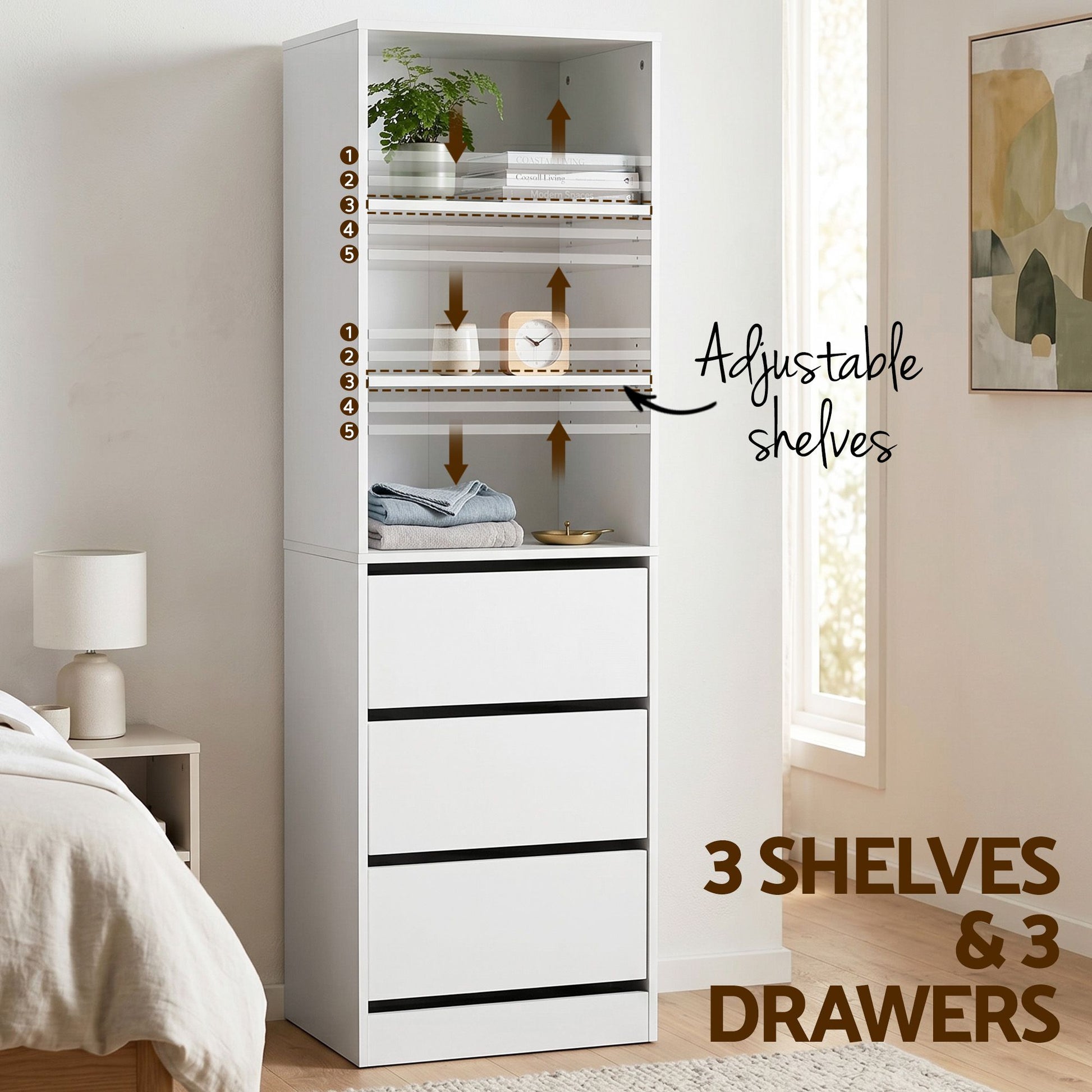 Side view of white tallboy chest of drawers showing slim 50.5cm width