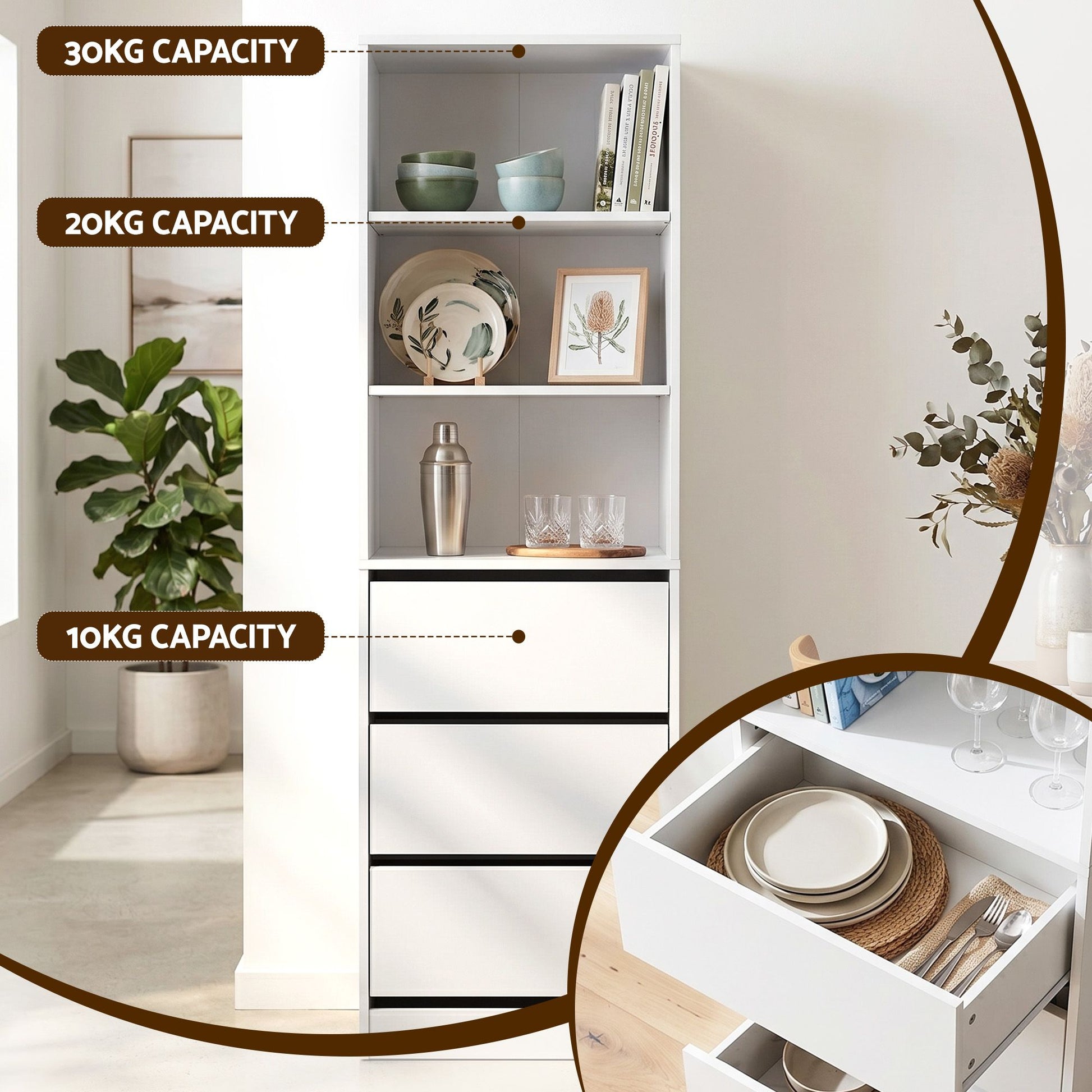 White chest of drawers with anti-tip wall attachment kit for safety